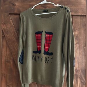Talbots Olive Sweater with Red Plaid Boot Design